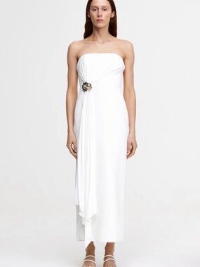 Acler Strapless White Draped Whitnell Midi Dress
